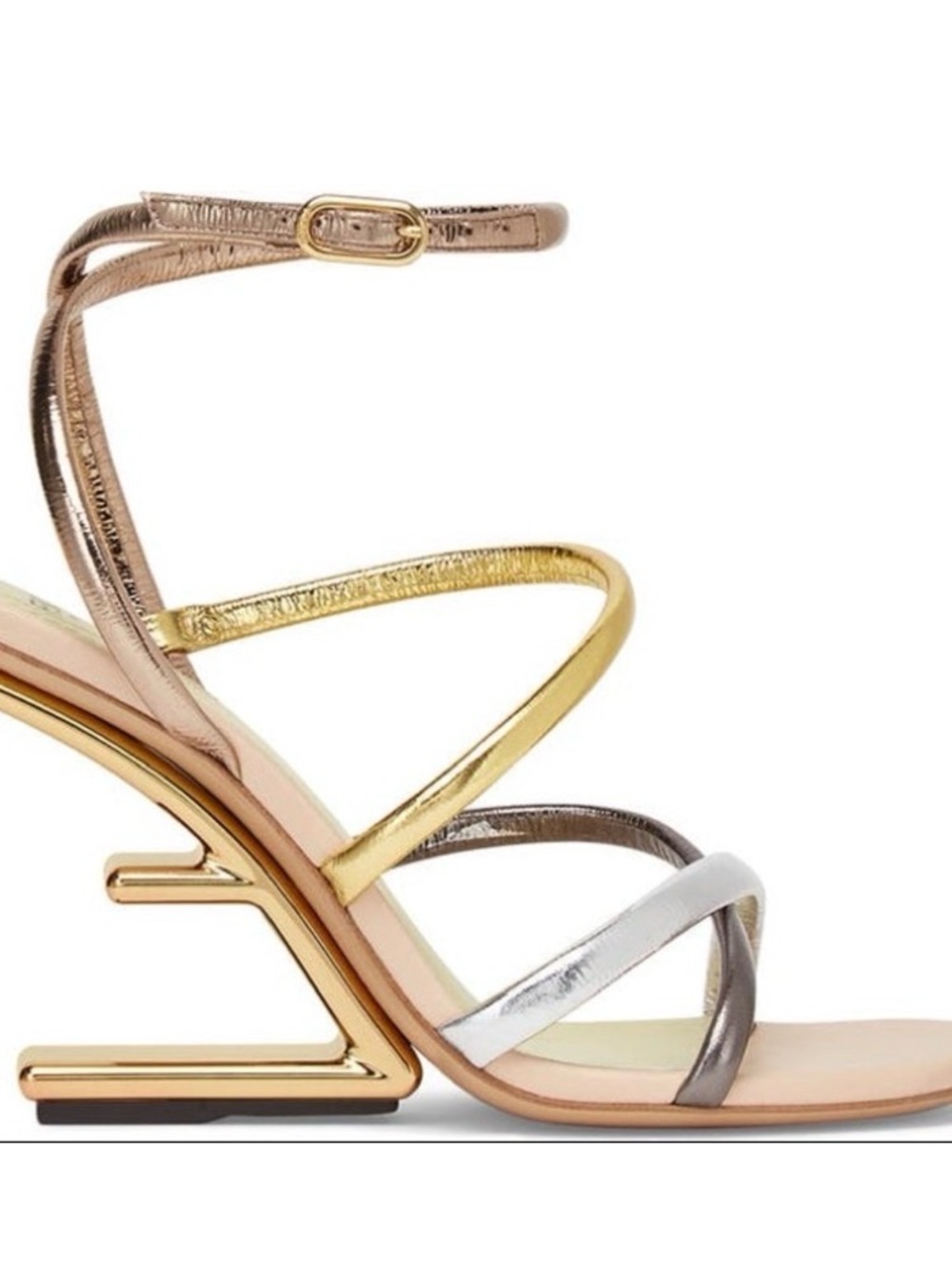Fendi First Metallic Nappa Strappy Sandals Rose Gold Silver Couture Size 37 US 7